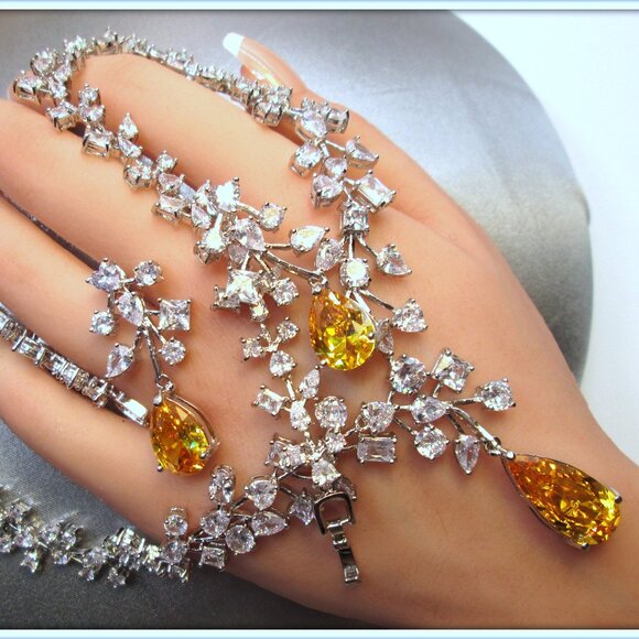 Citrine pear cut gemstone ladies Necklace Earrings Set For Brides party Weddings - Picture 7 of 8